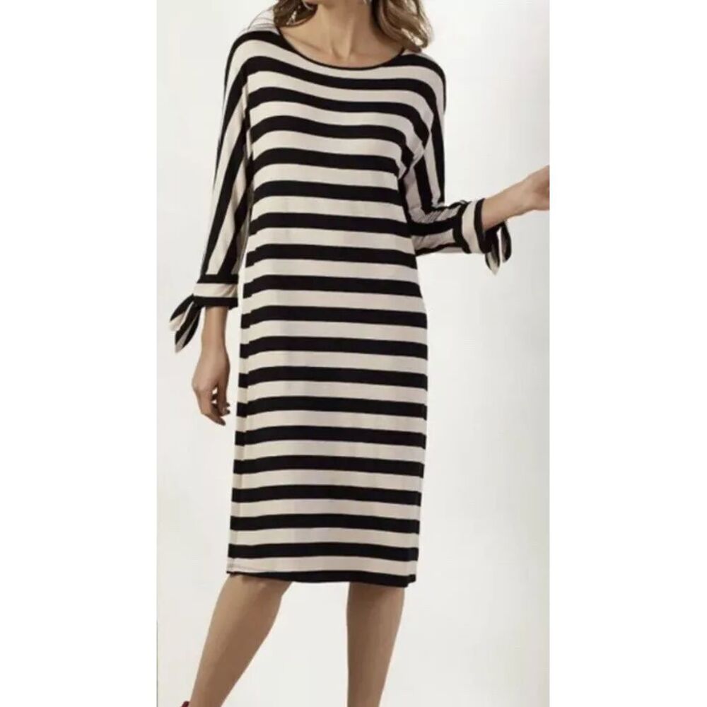 Soft Surroundings Black Tan Striped Tie Sleeves‎ Adrift Shift Dress Size XS